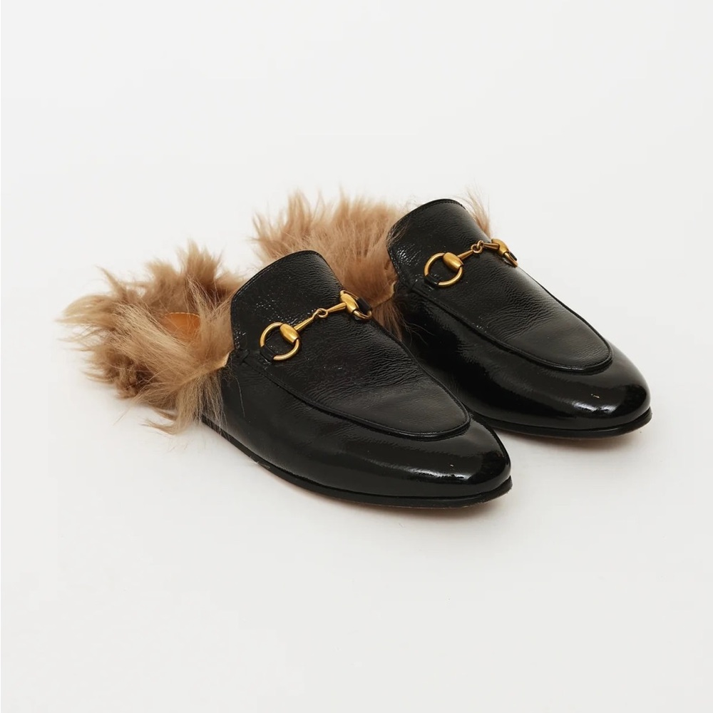 Gucci Patent Leather Princetown Shearling Lined Mules Loafers